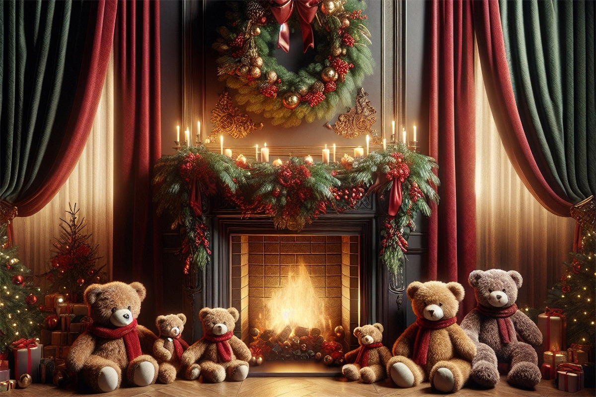 Christmas Wreath Backdrop Bear Family Gathering Fireplace Backdrop UK BRP10-162