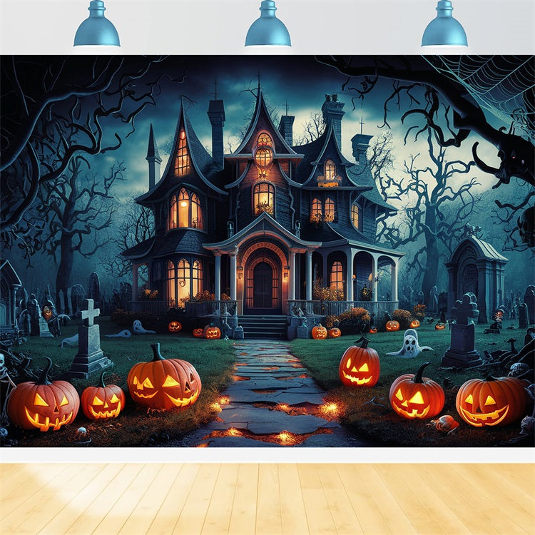 Halloween Photo Backdrop Eerie Haunted House Pumpkins Backdrop UK BRP10-163