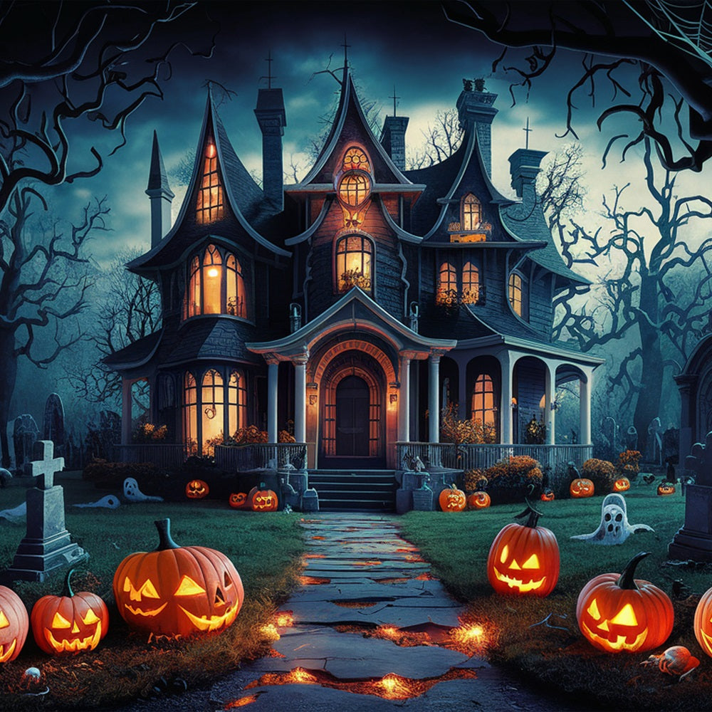 Halloween Photo Backdrop Eerie Haunted House Pumpkins Backdrop UK BRP10-163