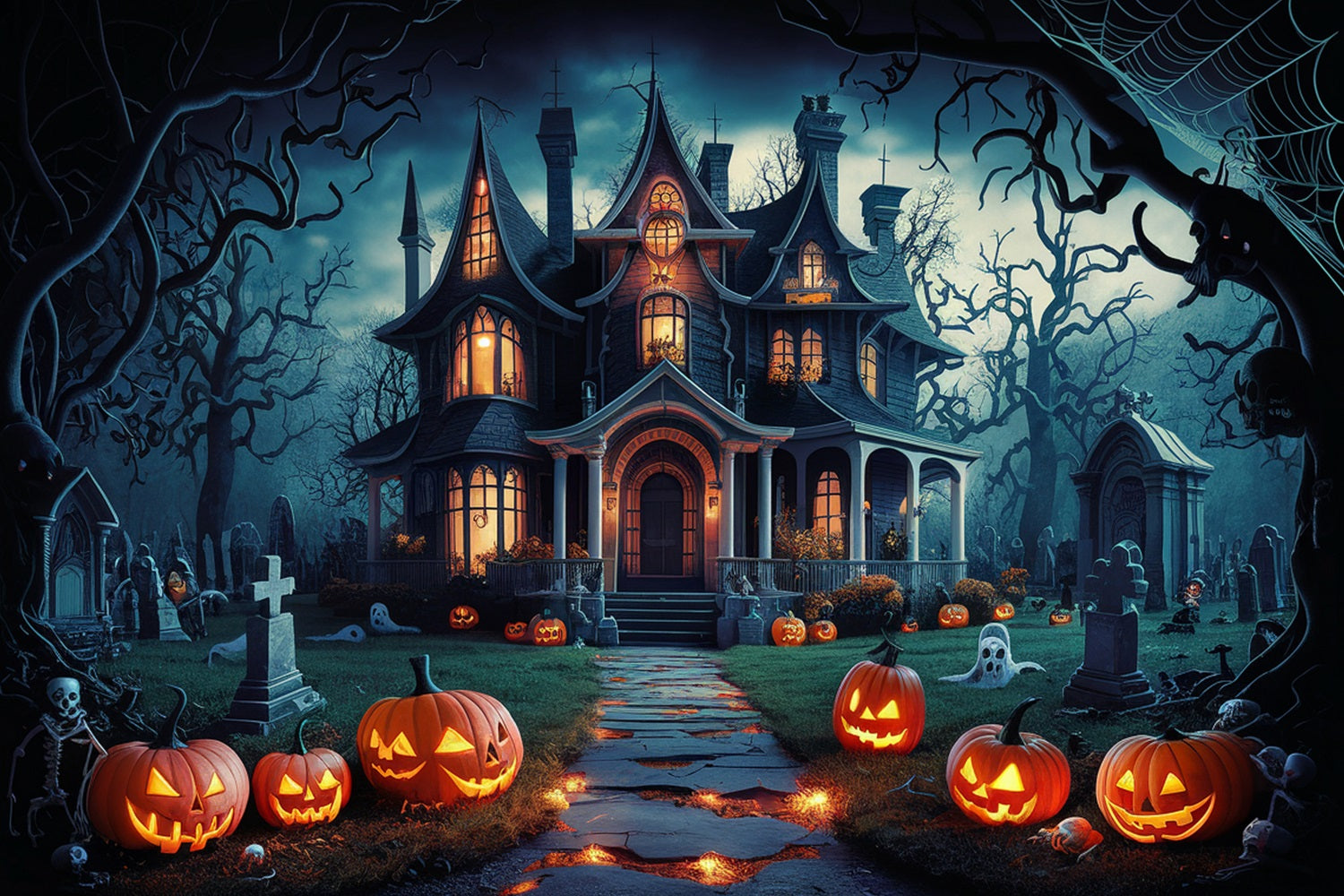 Halloween Photo Backdrop Eerie Haunted House Pumpkins Backdrop UK BRP10-163