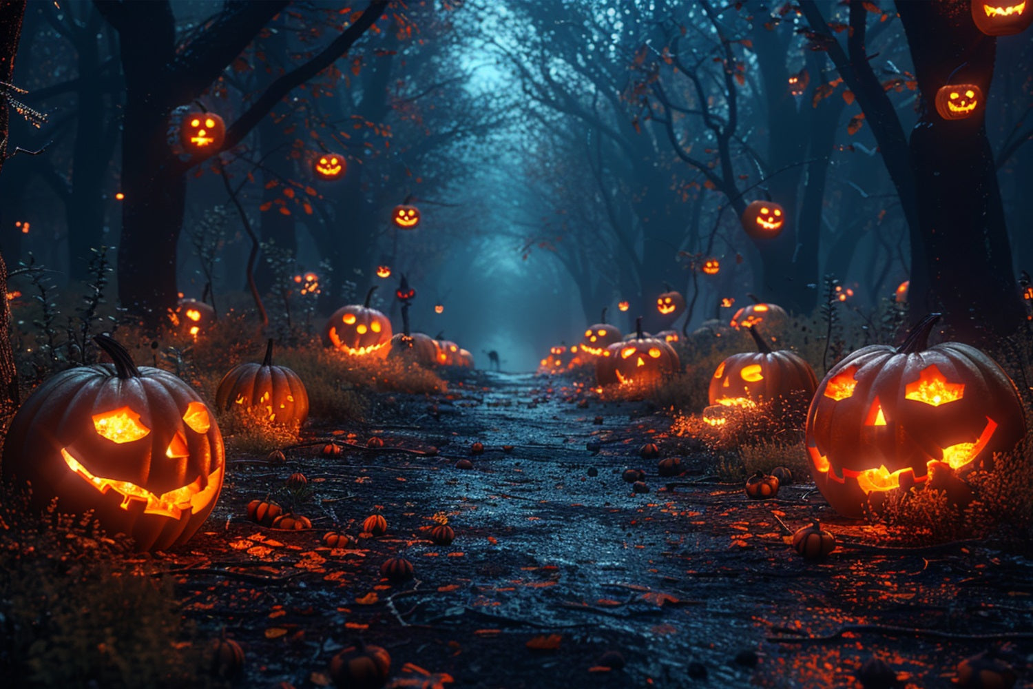 Halloween Backdrops Photography Ghostly Forest Trail Pumpkins Backdrop UK BRP10-165