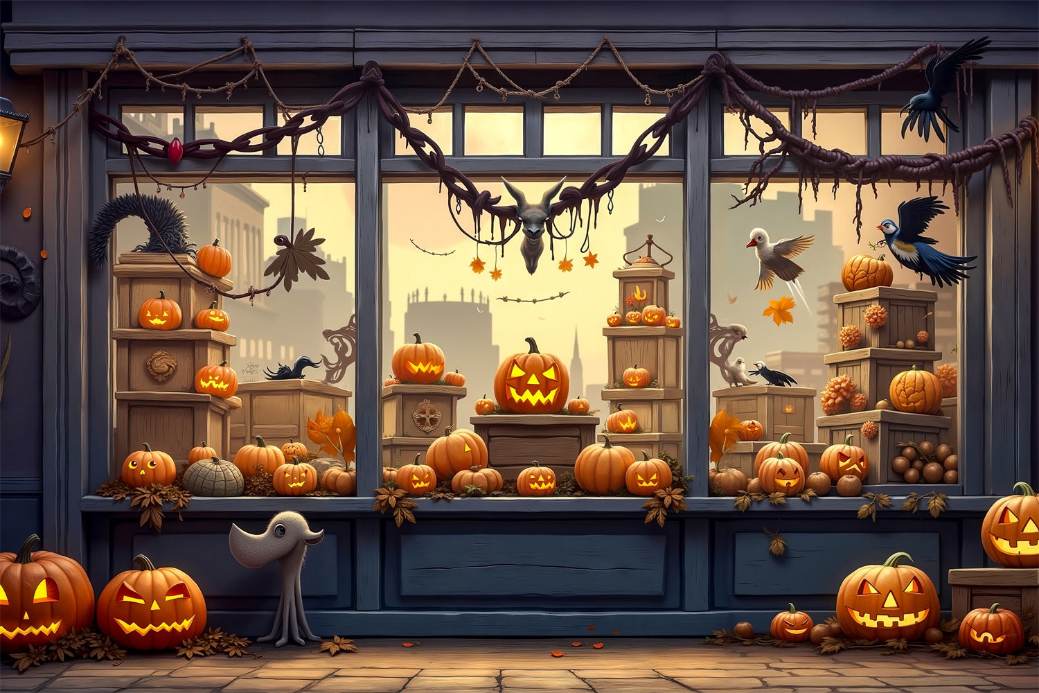 Halloween Photo Booth Backdrop Spooky Shop Window Pumpkins Backdrop UK BRP10-170