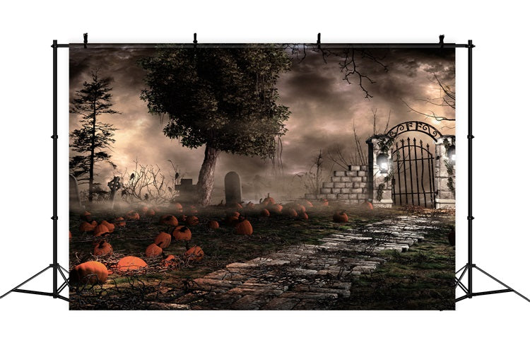 Halloween Backdrop Photography Spooky Graveyard Pumpkins Fog Backdrop UK BRP10-174