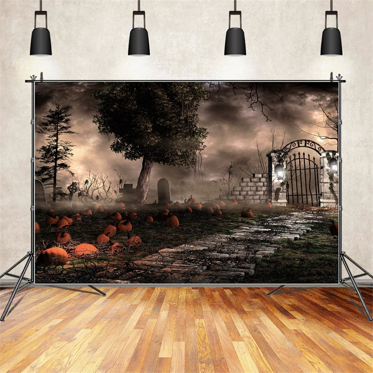 Halloween Backdrop Photography Spooky Graveyard Pumpkins Fog Backdrop UK BRP10-174