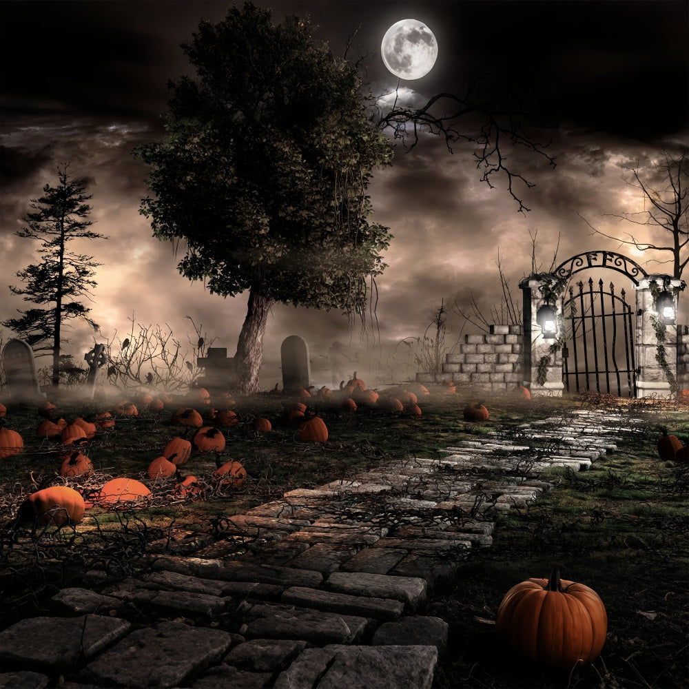 Halloween Backdrop Photography Spooky Graveyard Pumpkins Fog Backdrop UK BRP10-174