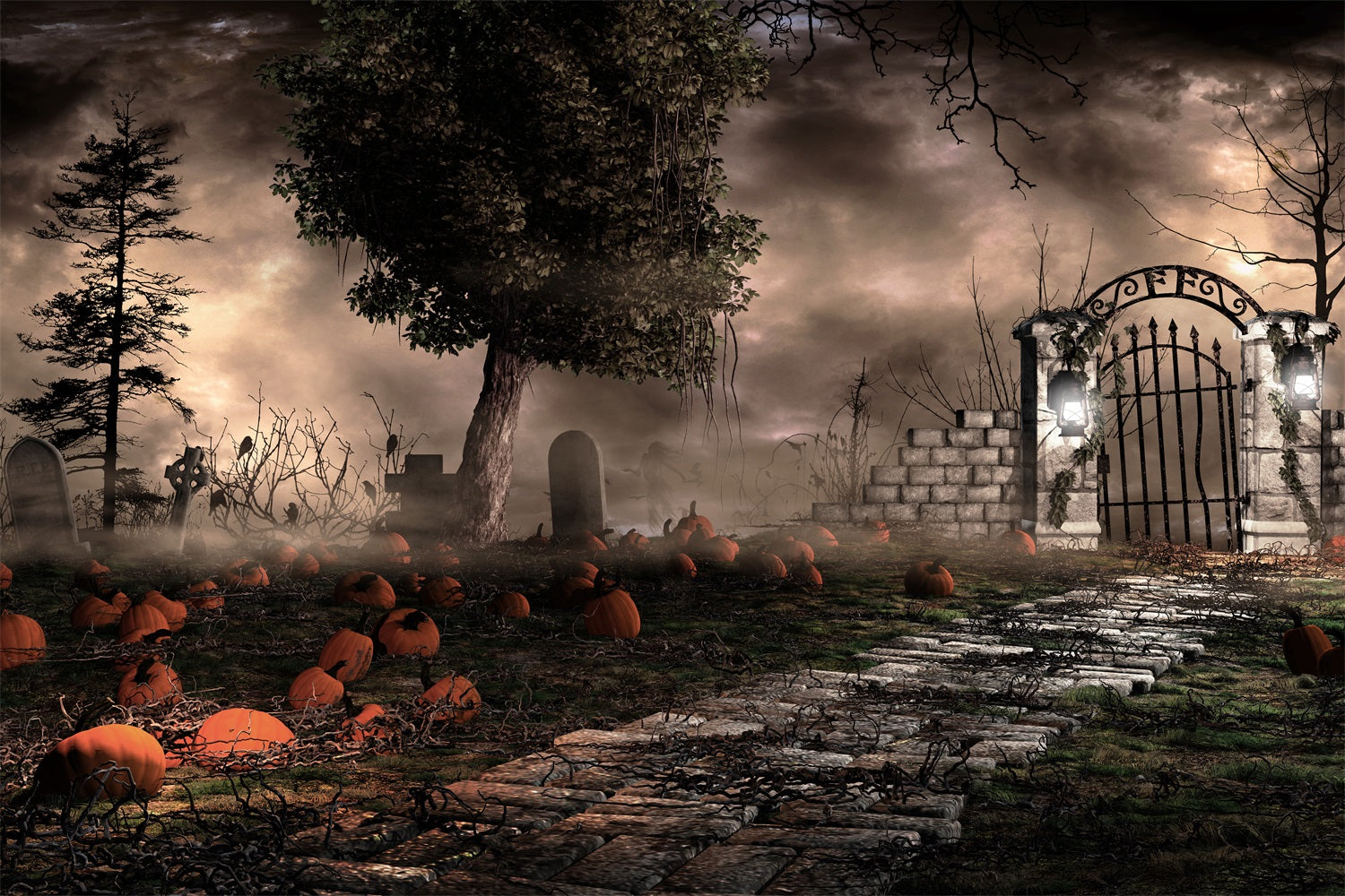 Halloween Backdrop Photography Spooky Graveyard Pumpkins Fog Backdrop UK BRP10-174