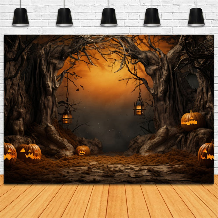 Halloween Photography Backdrops Spooky Pumpkin Lanterns Forest Backdrop UK BRP10-176