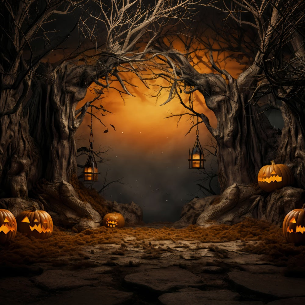 Halloween Photography Backdrops Spooky Pumpkin Lanterns Forest Backdrop UK BRP10-176