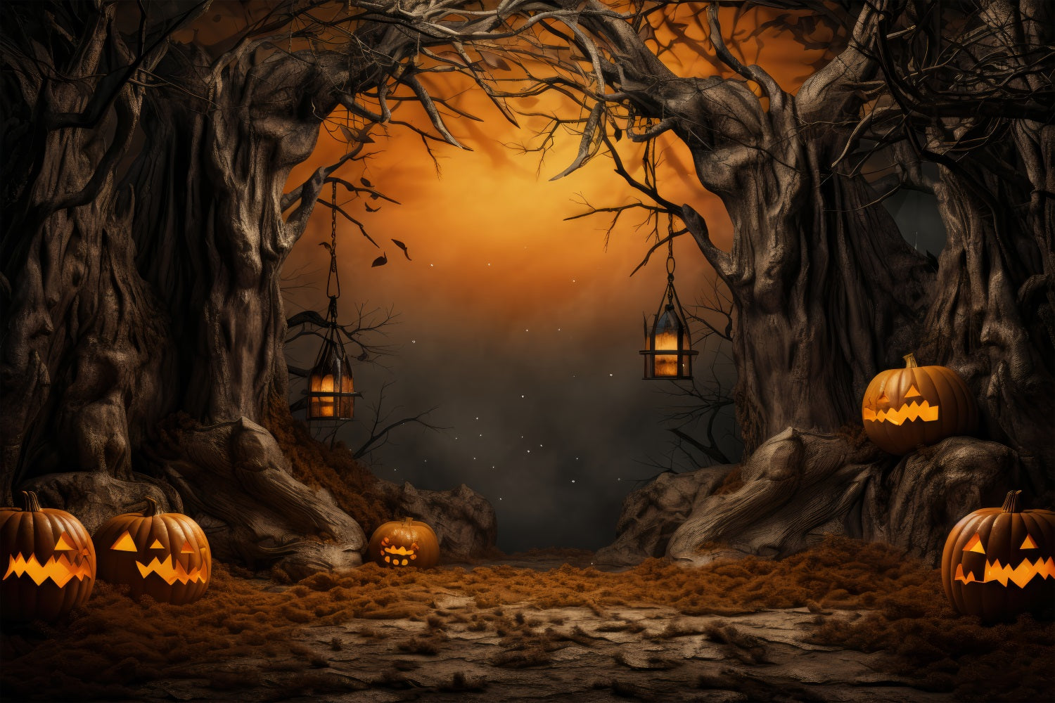 Halloween Photography Backdrops Spooky Pumpkin Lanterns Forest Backdrop UK BRP10-176