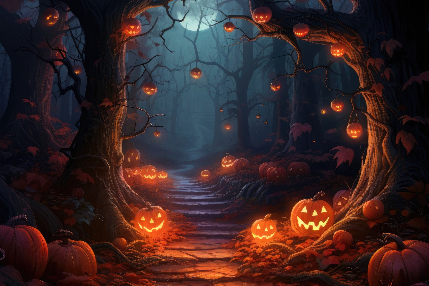 Halloween Photography Backdrops Gloomy Path Scary Pumpkins Backdrop UK BRP10-180