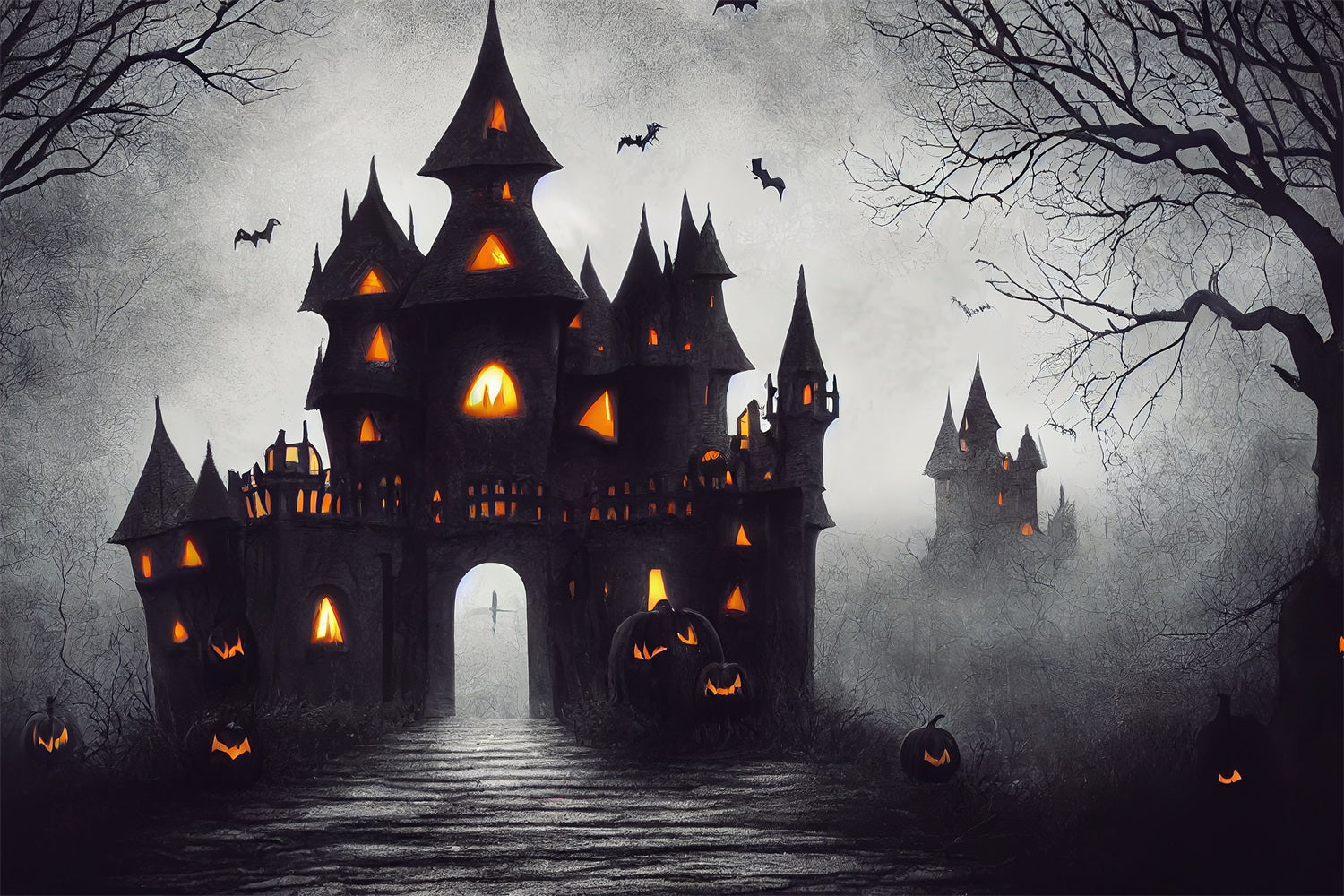 Halloween Picture Backdrop Spooky Castle Bats Pumpkins Backdrop UK BRP10-189