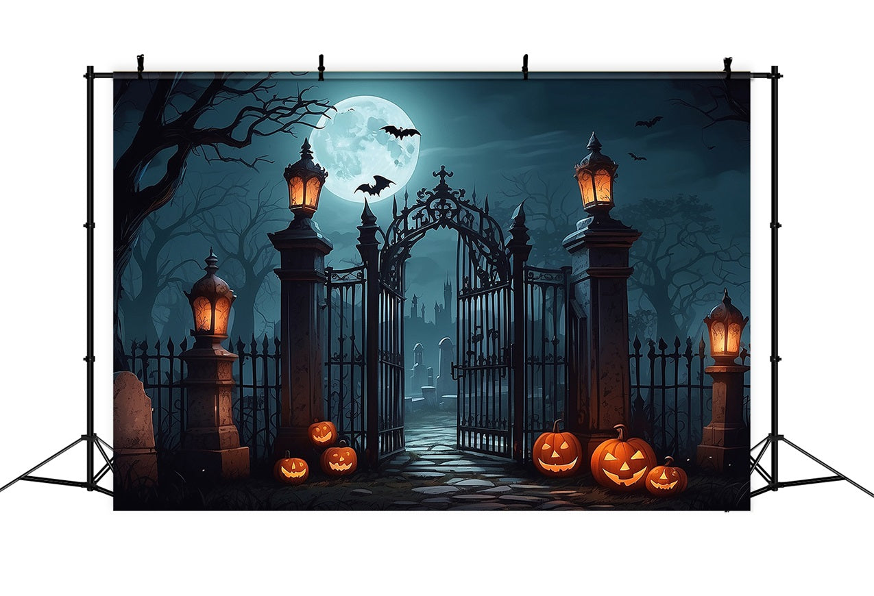 Backdrop Halloween Graveyard Entrance Bats Lanterns Backdrop UK BRP10-190