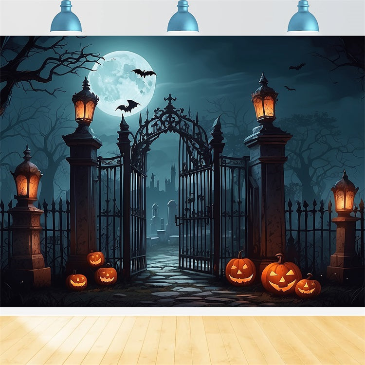 Backdrop Halloween Graveyard Entrance Bats Lanterns Backdrop UK BRP10-190