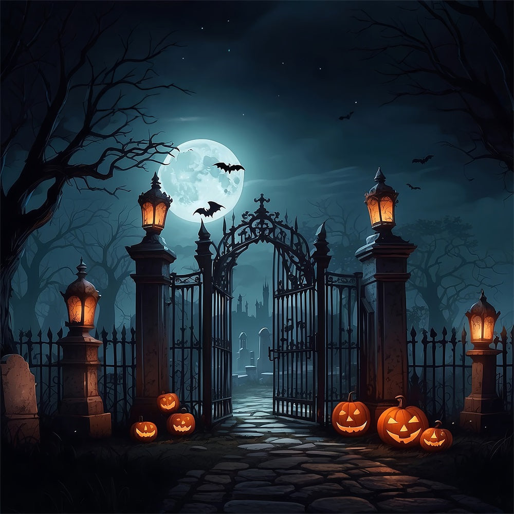 Backdrop Halloween Graveyard Entrance Bats Lanterns Backdrop UK BRP10-190