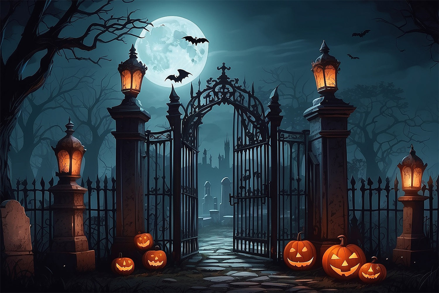 Backdrop Halloween Graveyard Entrance Bats Lanterns Backdrop UK BRP10-190