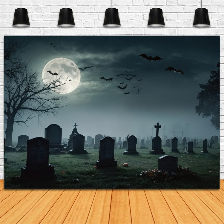 Halloween Backdrop Photography Full Moon Graveyard Bats Backdrop UK BRP10-191