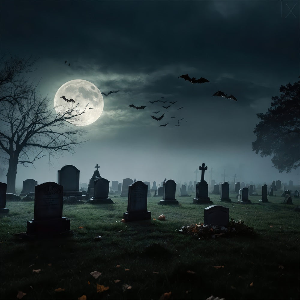 Halloween Backdrop Photography Full Moon Graveyard Bats Backdrop UK BRP10-191