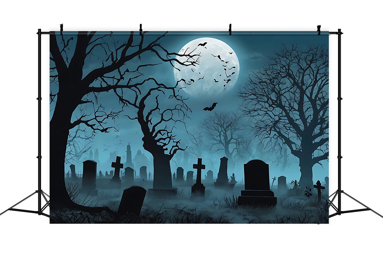 Halloween Backdrop Ideas Foggy Graveyard Dark Trees Moon Backdrop UK BRP10-193