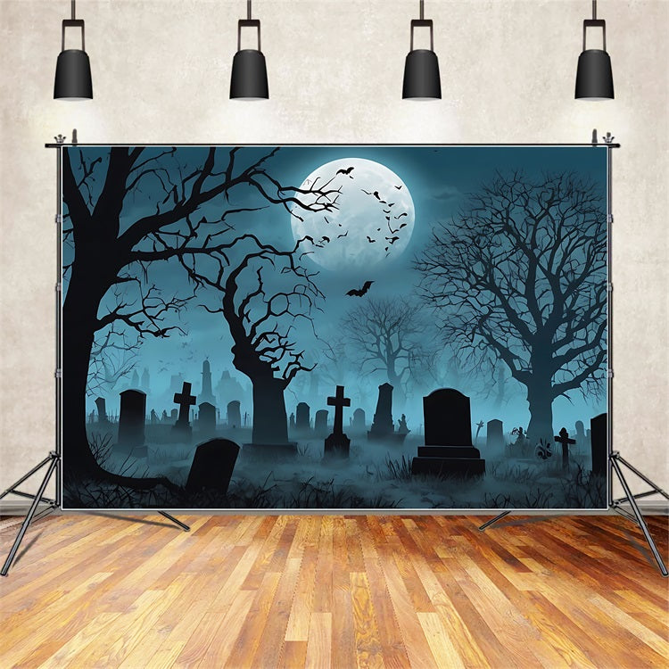 Halloween Backdrop Ideas Foggy Graveyard Dark Trees Moon Backdrop UK BRP10-193