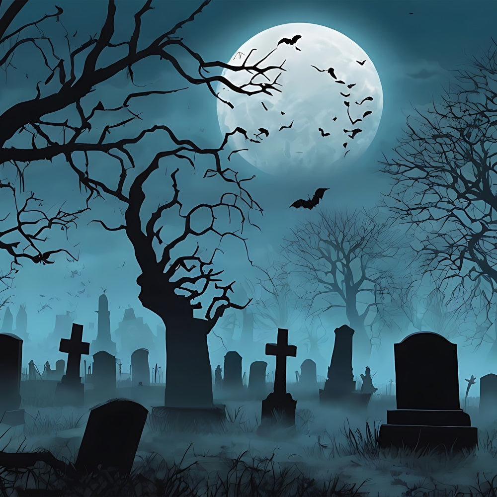 Halloween Backdrop Ideas Foggy Graveyard Dark Trees Moon Backdrop UK BRP10-193