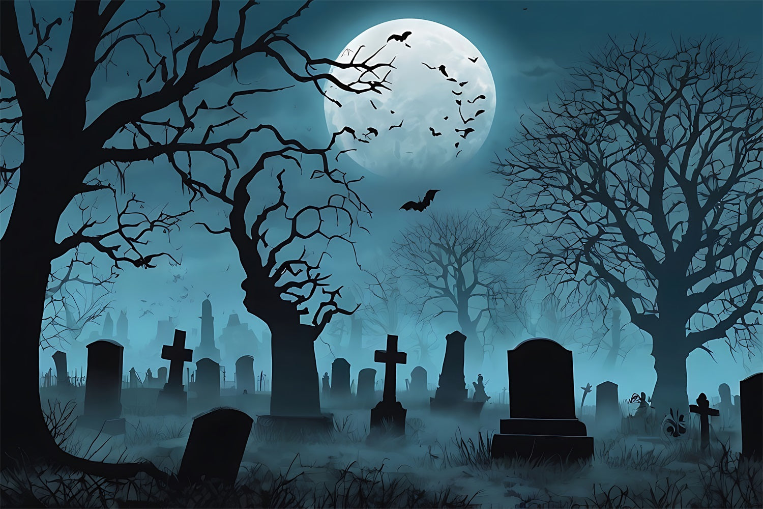 Halloween Backdrop Ideas Foggy Graveyard Dark Trees Moon Backdrop UK BRP10-193