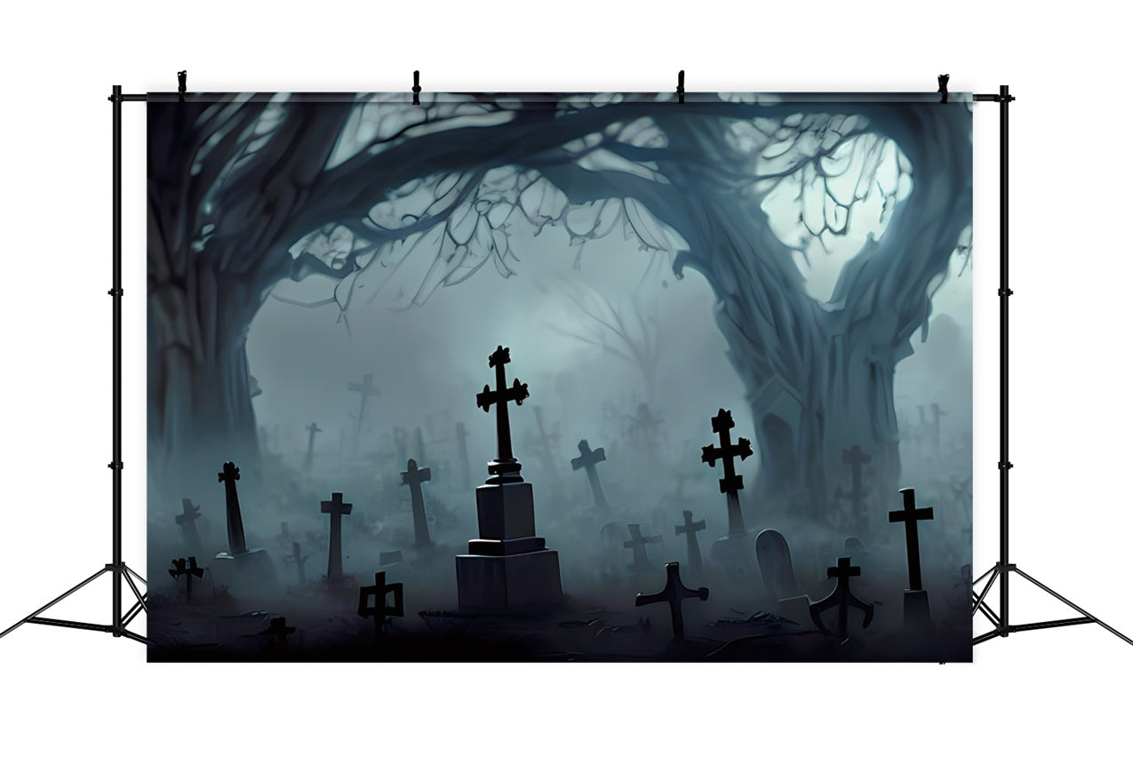 Scary Halloween Backdrops Cemetery Crosses Twisted Trees Backdrop UK BRP10-196