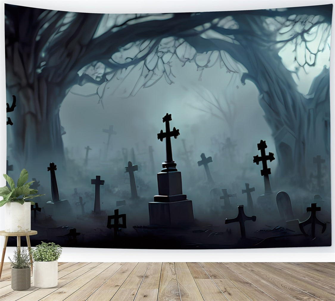 Scary Halloween Backdrops Cemetery Crosses Twisted Trees Backdrop UK BRP10-196