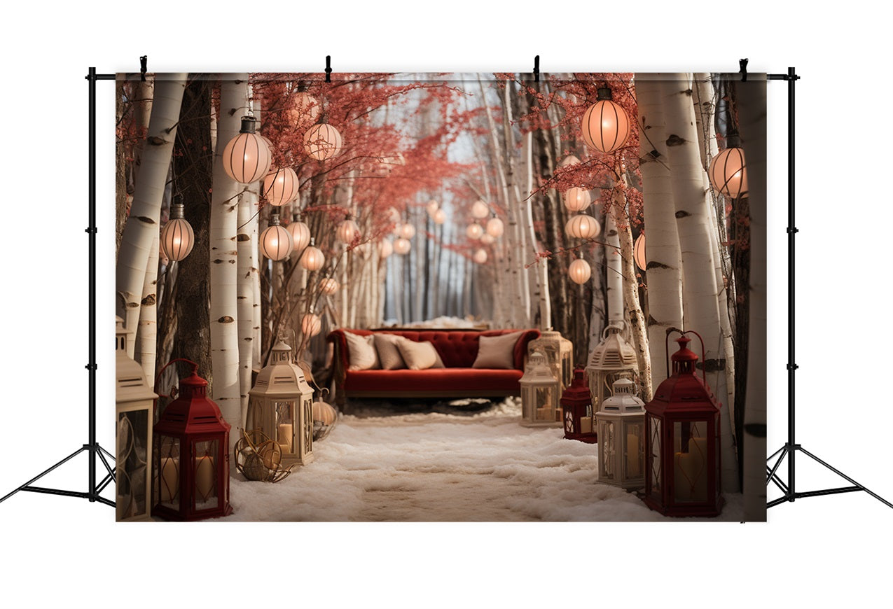 Winter Cozy Couch Amid Lantern-Lit Birch Trees Backdrop UK BRP10-2