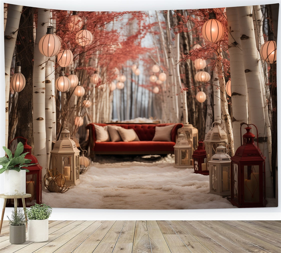 Winter Cozy Couch Amid Lantern-Lit Birch Trees Backdrop UK BRP10-2