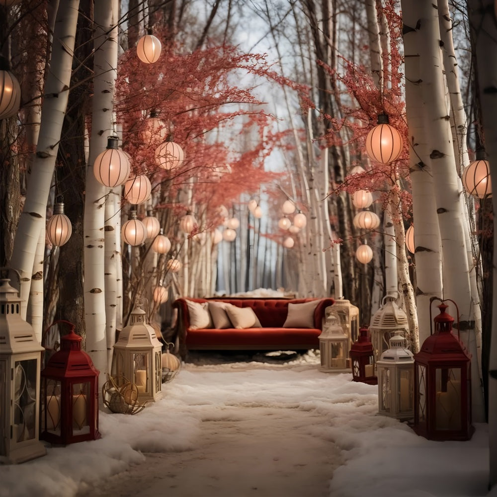 Winter Cozy Couch Amid Lantern-Lit Birch Trees Backdrop UK BRP10-2