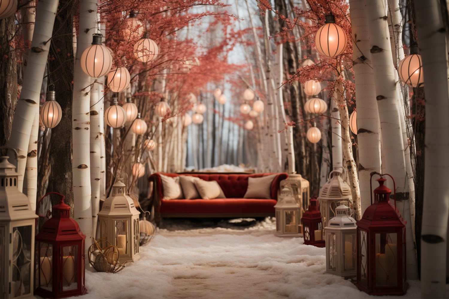 Winter Cozy Couch Amid Lantern-Lit Birch Trees Backdrop UK BRP10-2