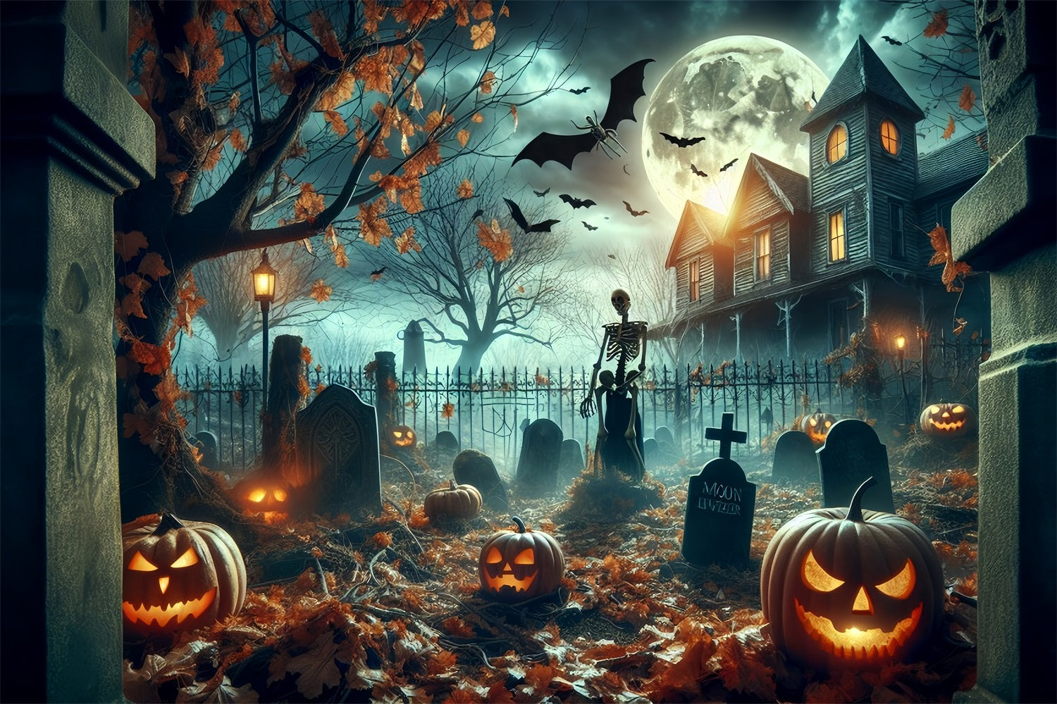 Photography Backdrops Halloween Haunted Cemetery Night Moon Backdrop UK BRP10-201