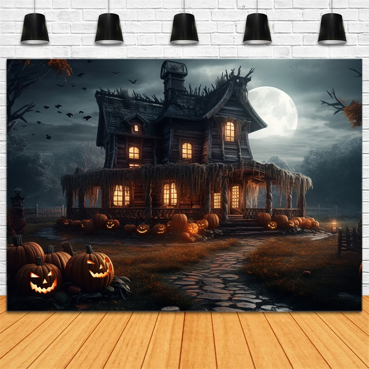 Halloween Backdrop Spooky House Pumpkins Moonlight Backdrop UK BRP10-202