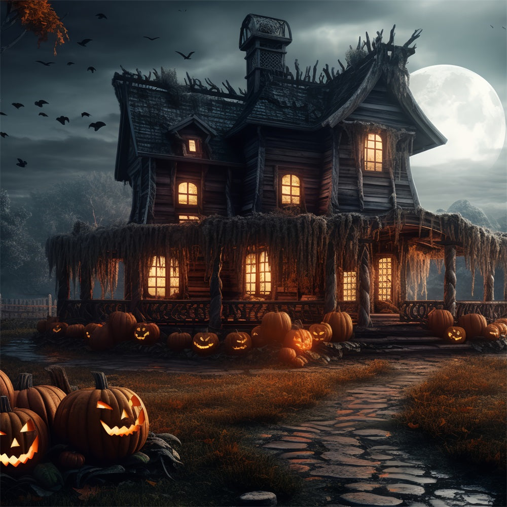 Halloween Backdrop Spooky House Pumpkins Moonlight Backdrop UK BRP10-202