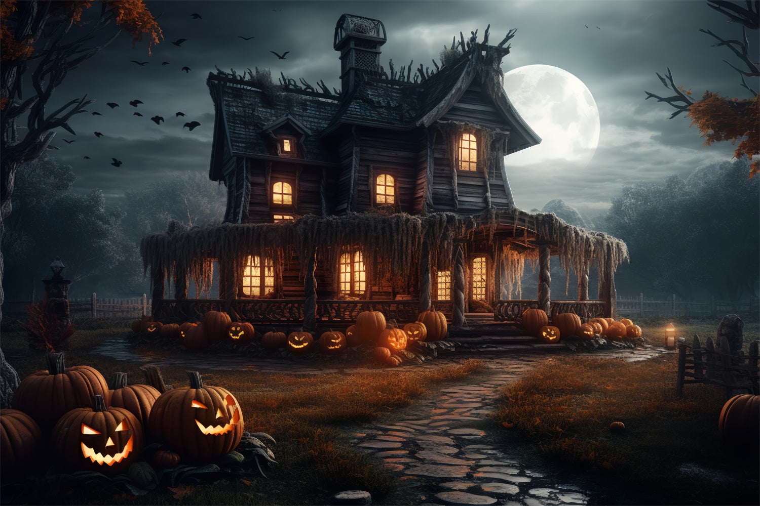 Halloween Backdrop Spooky House Pumpkins Moonlight Backdrop UK BRP10-202