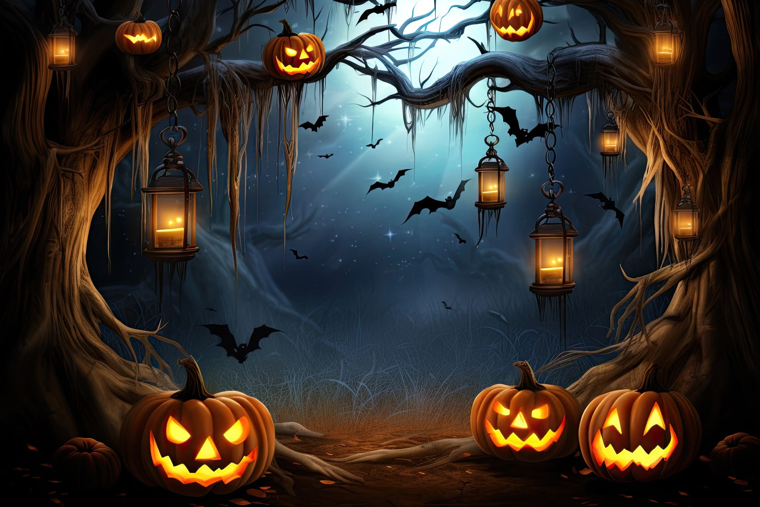 Photo Backdrop Halloween Spooky Forest Pumpkins Bats Backdrop UK BRP10-203