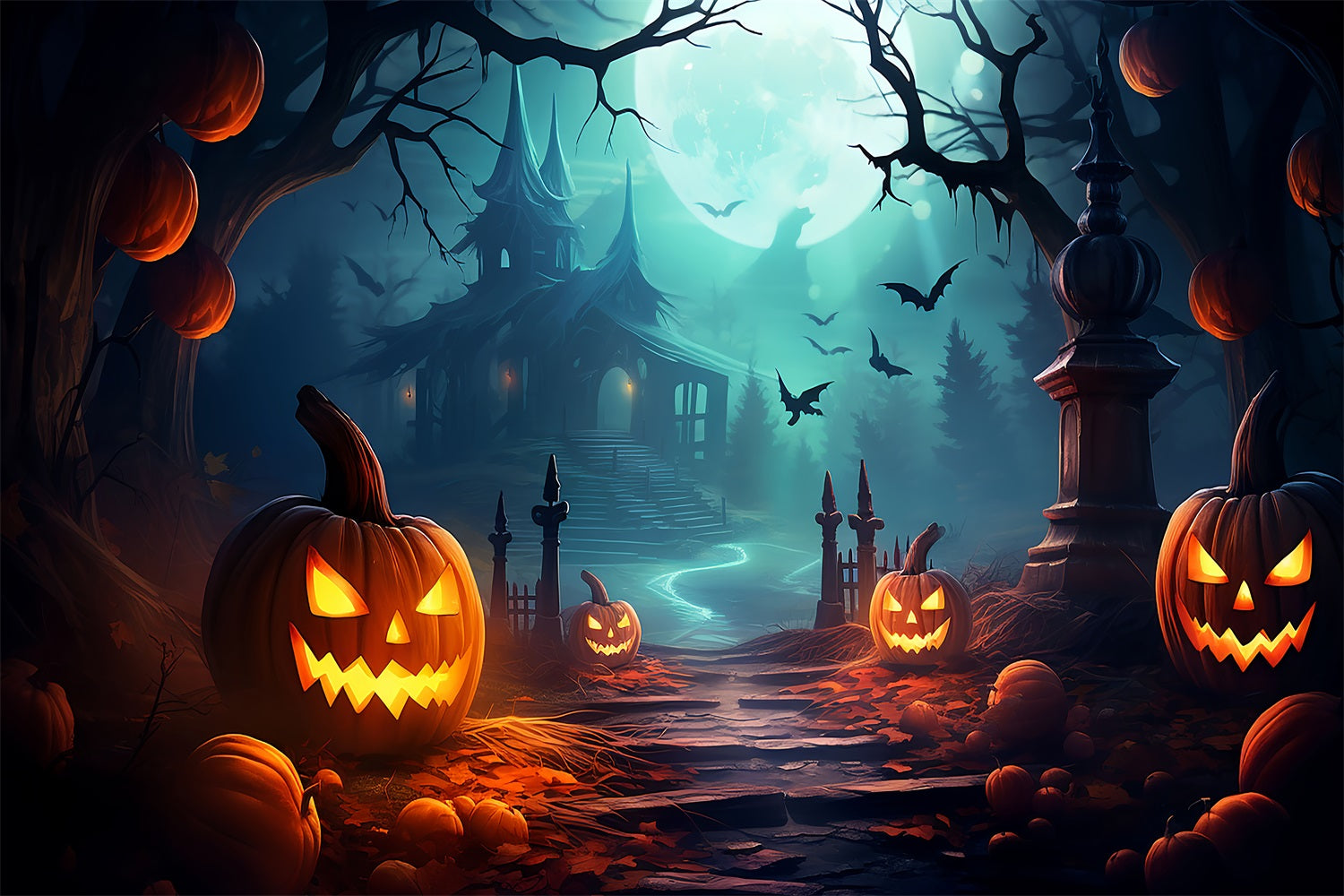 Scary Backdrops Halloween Haunted Pathway Full Moon Backdrop UK BRP10-205