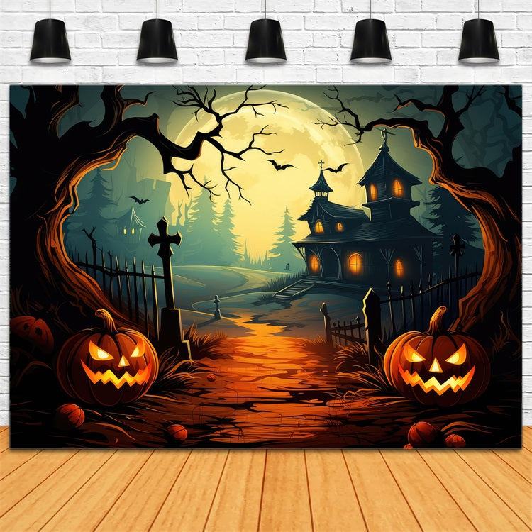 Halloween Backdrop Haunted House Path Pumpkins Moon Backdrop UK BRP10-206