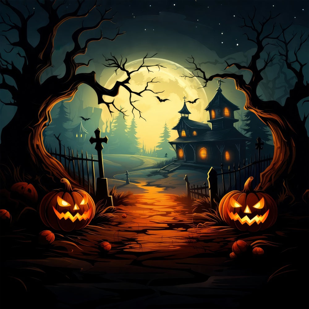 Halloween Backdrop Haunted House Path Pumpkins Moon Backdrop UK BRP10-206