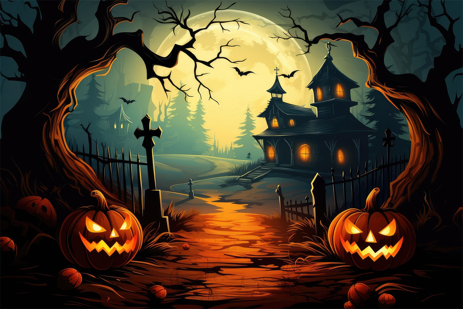 Halloween Backdrop Haunted House Path Pumpkins Moon Backdrop UK BRP10-206