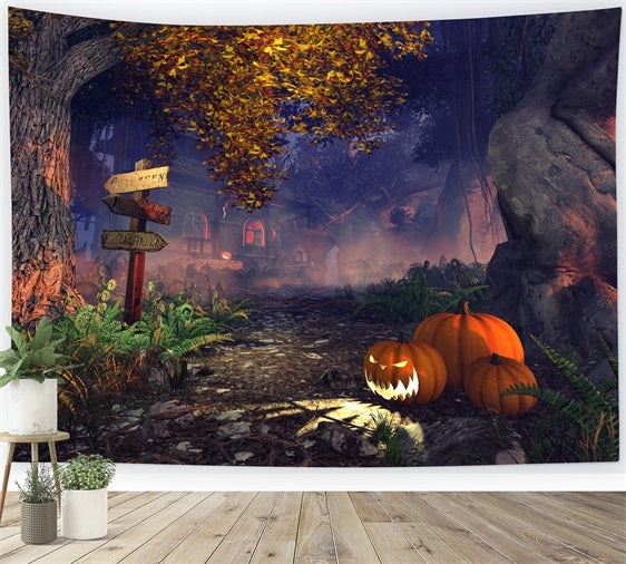 Halloween Haunted House Backdrop Foggy Forest Pumpkins Backdrop UK BRP10-207