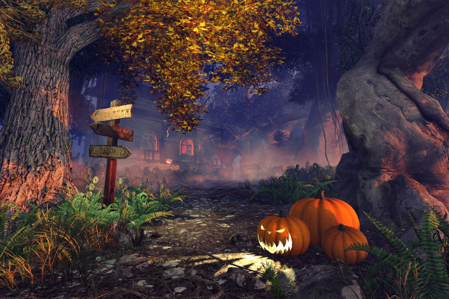 Halloween Haunted House Backdrop Foggy Forest Pumpkins Backdrop UK BRP10-207