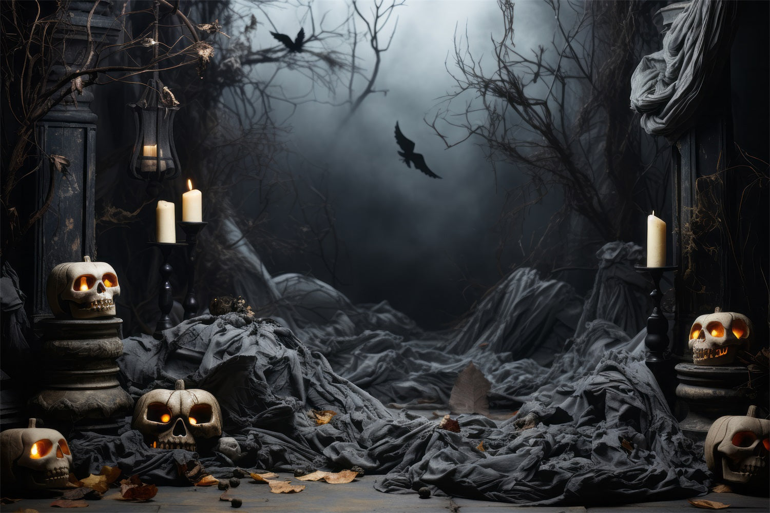 Halloween Photoshoot Backdrop Graveyard Path Lanterns Skulls Backdrop UK BRP10-208