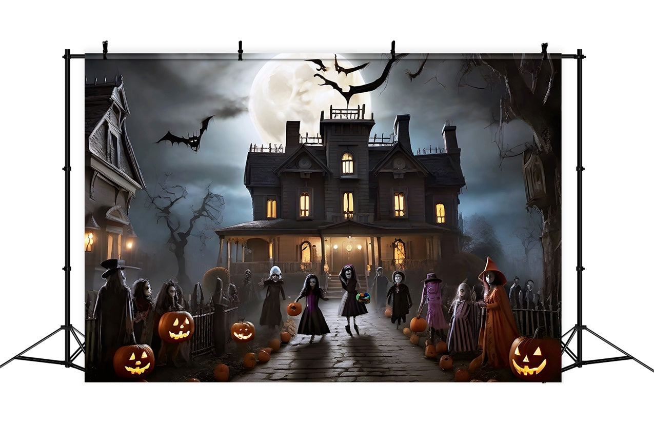 Backdrops Halloween Mansion Night Trick-or-Treaters Bats Backdrop UK BRP10-210