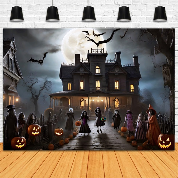 Backdrops Halloween Mansion Night Trick-or-Treaters Bats Backdrop UK BRP10-210