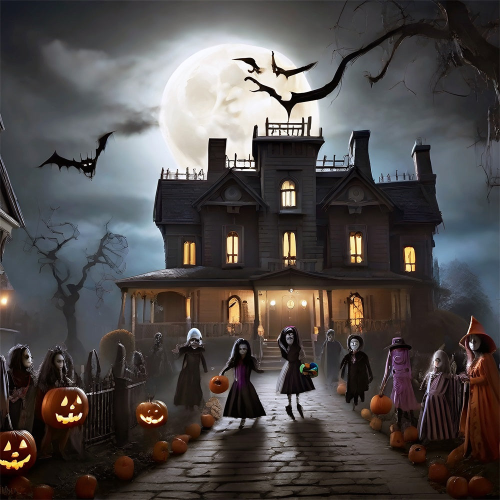 Backdrops Halloween Mansion Night Trick-or-Treaters Bats Backdrop UK BRP10-210