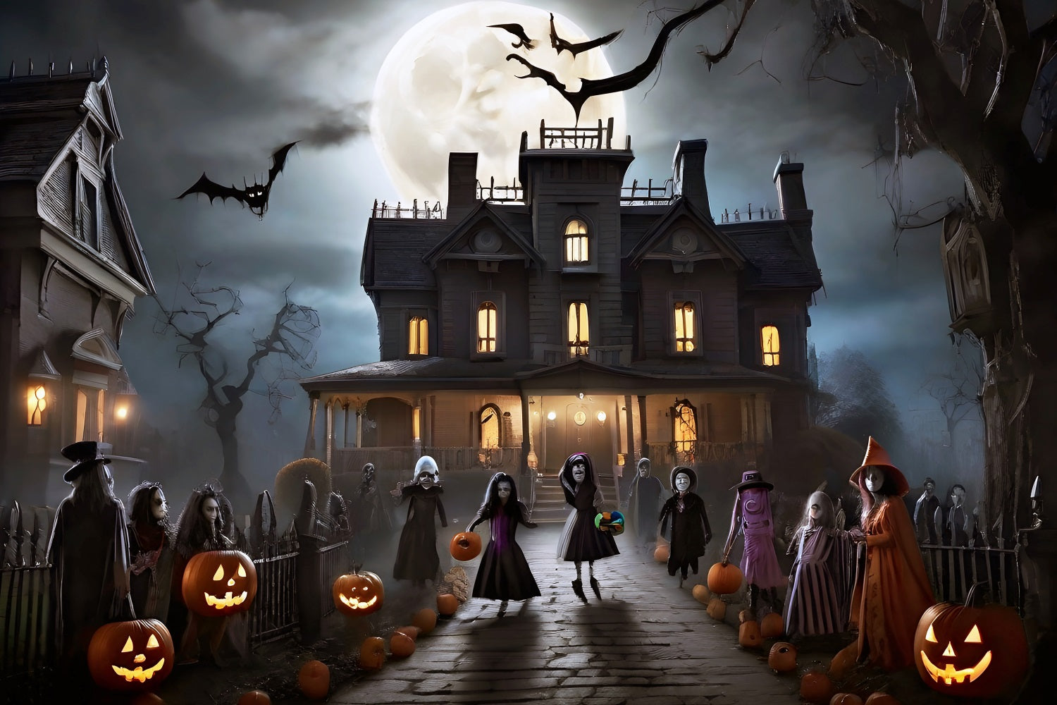 Backdrops Halloween Mansion Night Trick-or-Treaters Bats Backdrop UK BRP10-210