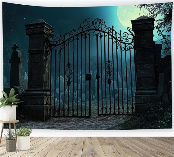 Scary Halloween Backdrop Graveyard Iron Gates Moon Backdrop UK BRP10-212