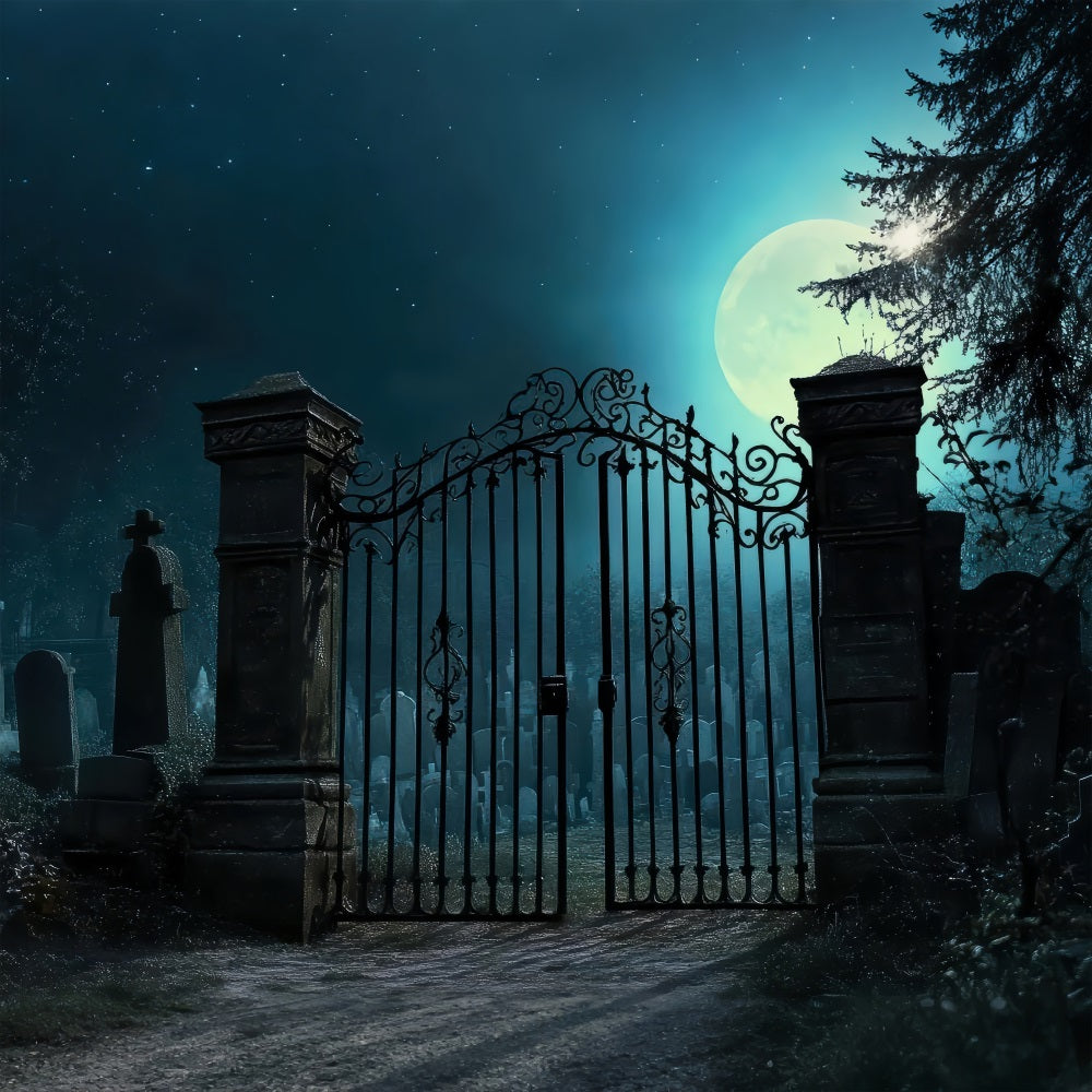 Scary Halloween Backdrop Graveyard Iron Gates Moon Backdrop UK BRP10-212