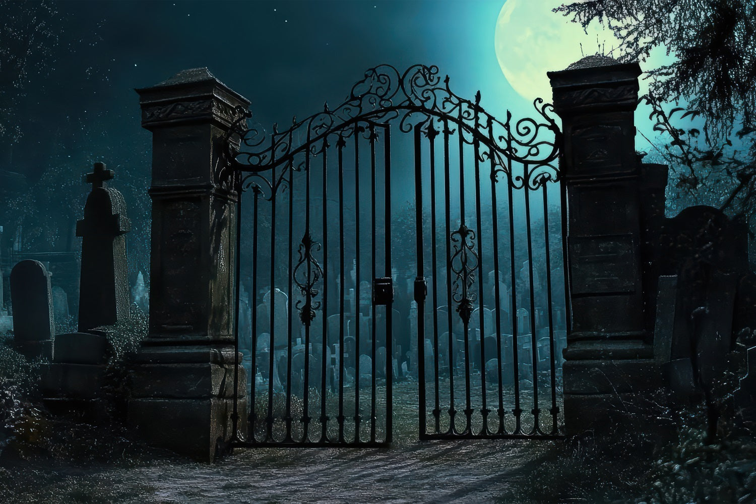 Scary Halloween Backdrop Graveyard Iron Gates Moon Backdrop UK BRP10-212